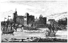 Swansea Castle from the south-east side 1741 on the engraving of Samuel and Nathaniel Buck
